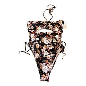 Shade & Shore Floral Cut Out High Cut Tie Waist Halter Black Orange Size Medium